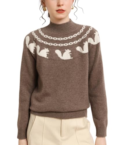 DISSA Damen Kaschmir Pullover Braun Stehkragen Langarm Strickpullover Damen Kaschmir Wolle Hasen-Muster Relaxed Dicker Pullover,EU 38,MZ2422 von DISSA