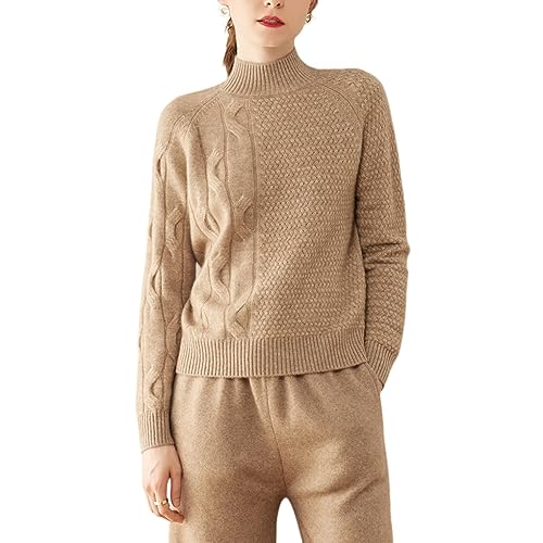 DISSA Damen Kaschmir Pullover Braun Stehkragen Langarm Strickpullover Damen Kaschmir Wolle Zopfmuster Relaxed Dicker Pullover,40,RMS3302 von DISSA