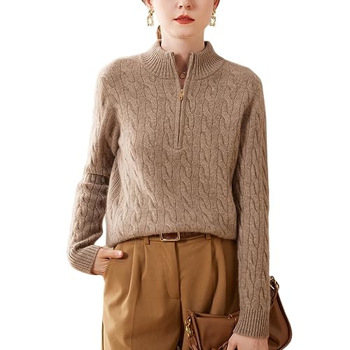 DISSA Damen Kaschmir Pullover Braun Stehkragen Langarm Strickpullover Damen Kaschmir Wolle Zopfmuster Relaxed Dicker Pullover,40,SPR2358 von DISSA