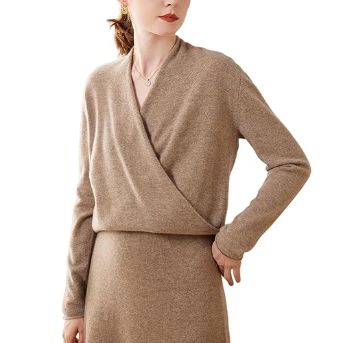 DISSA Damen Kaschmir Pullover Braun V-Ausschnitt Langarm Strickpullover Damen Kaschmir Wolle Einfarbige Relaxed Dünner Pullover,42,SPR2357 von DISSA