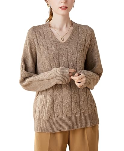 DISSA Damen Kaschmir Pullover Braun V-Ausschnitt Langarm Strickpullover Damen Kaschmir Wolle Zopfmuster Relaxed Dicker Pullover,42,ZSBR8319 von DISSA