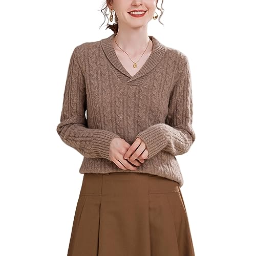 DISSA Damen Kaschmir Pullover Braun V-Ausschnitt Langarm Strickpullover Damen Kaschmir Wolle Zopfmuster Relaxed Dünner Pullover,40,YZL2338 von DISSA