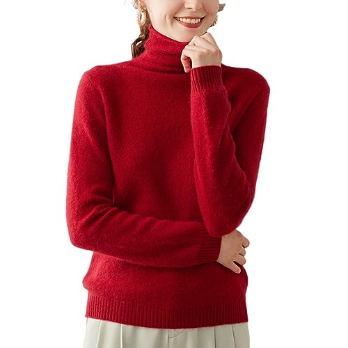 DISSA Damen Kaschmir Pullover Burgund Rollkragen Langarm Strickpullover Damen Kaschmir Wolle Einfarbige Relaxed Dicker Pullover,36,SH351 von DISSA