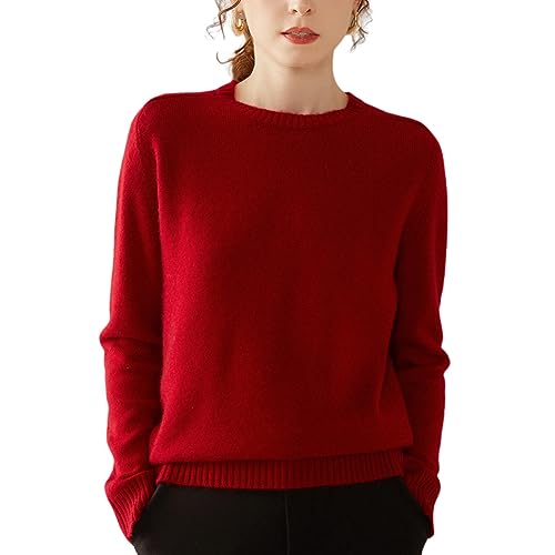 DISSA Damen Kaschmir Pullover Burgund Rundhals Langarm Strickpullover Damen Kaschmir Wolle Einfarbige Relaxed Dicker Pullover,42,SH348 von DISSA