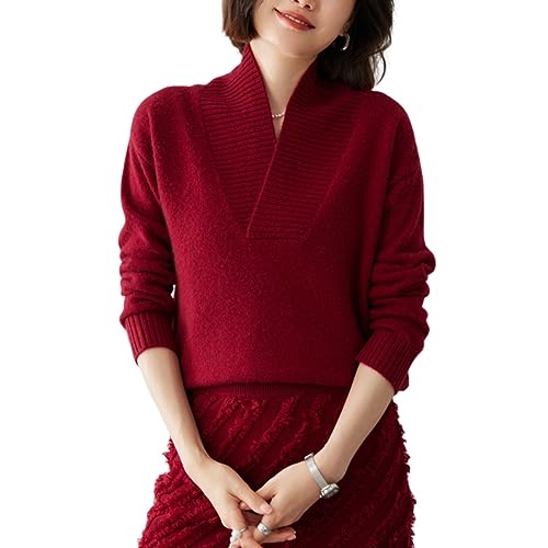 DISSA Damen Kaschmir Pullover Burgund V-Ausschnitt Langarm Strickpullover Damen Kaschmir Wolle Einfarbige Relaxed Dicker Pullover,42,YD2303 von DISSA