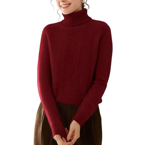 DISSA Damen Kaschmir Pullover Burgunderrot Rollkragen Langarm Strickpullover Damen Kaschmir Wolle Zopfmuster Relaxed Dicker Pullover,EU 38,SH530 von DISSA