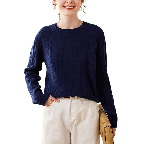 DISSA Damen Kaschmir Pullover Dunkelblau Rundhals Langarm Strickpullover Damen Kaschmir Wolle Zopfmuster Relaxed Dünner Pullover,40,SPR2319 von DISSA