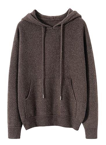 DISSA Damen Kaschmir Pullover Dunkelbraun Kapuzen Langarm Strickpullover Damen Kaschmir Wolle Taschen Relaxed Dicker Pullover,40,ZSBR8329 von DISSA