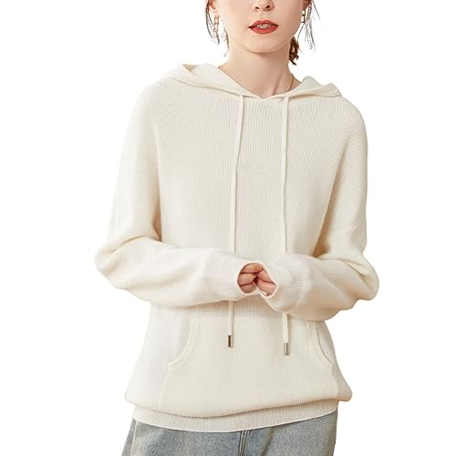DISSA Damen Kaschmir Pullover Elfenbein Kapuzen Langarm Strickpullover Damen Kaschmir Wolle Einfarbige Relaxed Dicker Pullover,42,SPR2217 von DISSA