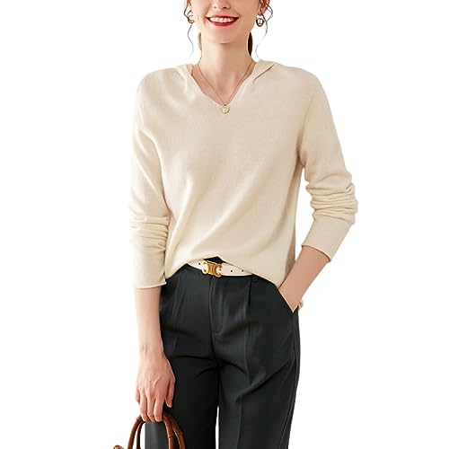 DISSA Damen Kaschmir Pullover Elfenbein Kapuzen Langarm Strickpullover Damen Kaschmir Wolle Einfarbige Relaxed Dünner Pullover,40,RMS3332 von DISSA