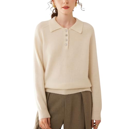 DISSA Damen Kaschmir Pullover Elfenbein Revers Langarm Strickpullover Damen Kaschmir Wolle Einfarbige Relaxed Dicker Pullover,EU 38,DF8090 von DISSA