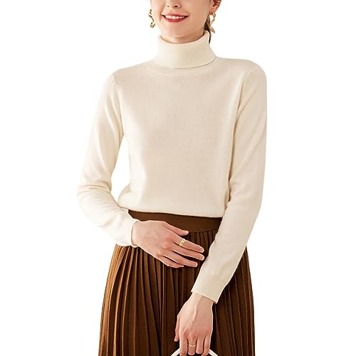 DISSA Damen Kaschmir Pullover Elfenbein Rollkragen Langarm Strickpullover Damen Kaschmir Wolle Einfarbige Relaxed Dünner Pullover,38,RMS3301 von DISSA