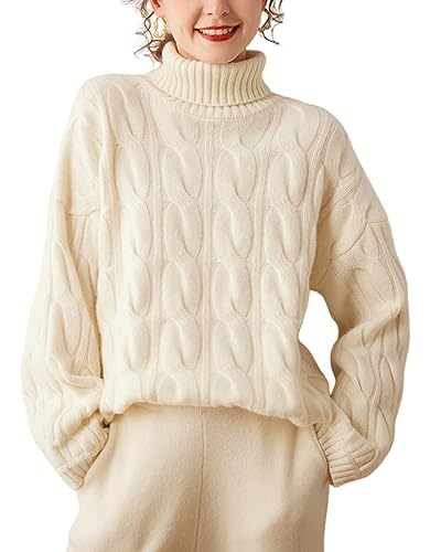 DISSA Damen Kaschmir Pullover Elfenbein Rollkragen Langarm Strickpullover Damen Kaschmir Wolle Zopfmuster Relaxed Dicker Pullover,Einheitsgröße,DF8038 von DISSA
