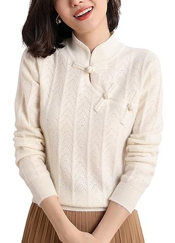 DISSA Damen Kaschmir Pullover Elfenbein Stehkragen Langarm Strickpullover Damen Kaschmir Wolle Gestreifter Schlanker Dünner Pullover,38,DF8042 von DISSA