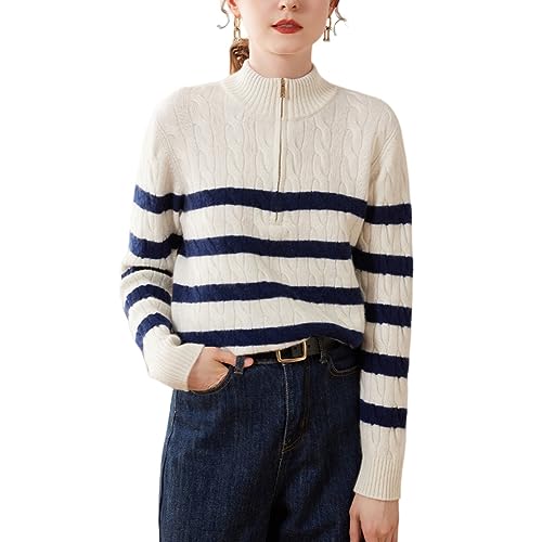 DISSA Damen Kaschmir Pullover Elfenbein Stehkragen Langarm Strickpullover Damen Kaschmir Wolle Zopfmuster Relaxed Dicker Pullover,38,SPR2353 von DISSA