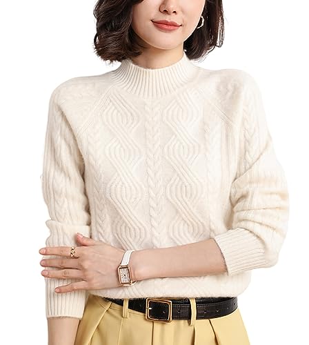 DISSA Damen Kaschmir Pullover Elfenbein Stehkragen Langarm Strickpullover Damen Kaschmir Wolle Zopfmuster Relaxed Dicker Pullover,42,DF8041 von DISSA