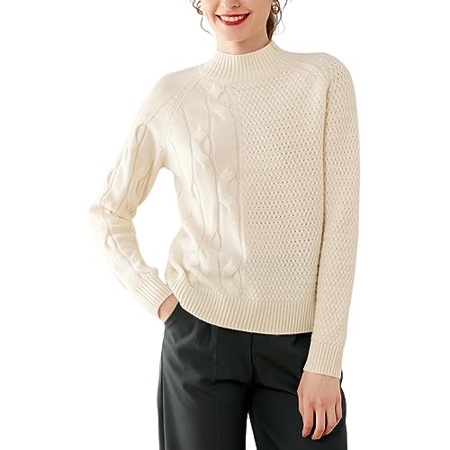 DISSA Damen Kaschmir Pullover Elfenbein Stehkragen Langarm Strickpullover Damen Kaschmir Wolle Zopfmuster Relaxed Dicker Pullover,42,RMS3302 von DISSA