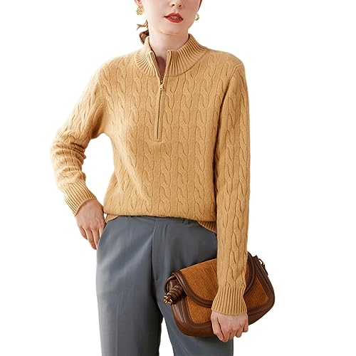 DISSA Damen Kaschmir Pullover Gelb Stehkragen Langarm Strickpullover Damen Kaschmir Wolle Zopfmuster Relaxed Dicker Pullover,40,SPR2358 von DISSA