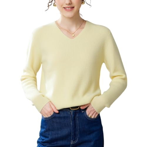 DISSA Damen Kaschmir Pullover Gelb V-Ausschnitt Langarm Strickpullover Damen Kaschmir Wolle Einfarbige Relaxed Dünner Pullover,EU 42,ZSBR8400 von DISSA