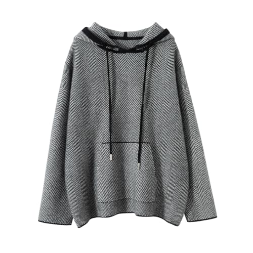 DISSA Damen Kaschmir Pullover Grau Kapuzen Langarm Strickpullover Damen Kaschmir Wolle Fischgrätenmuster Relaxed Dicker Pullover,EU 44,RMS3351 von DISSA