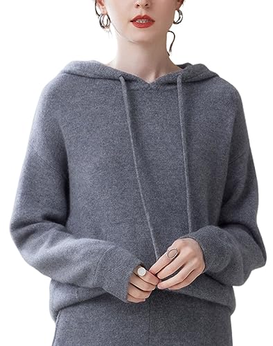 DISSA Damen Kaschmir Pullover Grau Kapuzen Langarm Strickpullover Damen Kaschmir Wolle Taschen Relaxed Dicker Pullover,42,ZSBR8329 von DISSA
