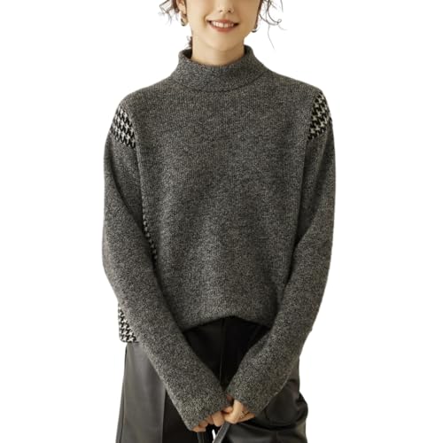 DISSA Damen Kaschmir Pullover Grau Rollkragen Langarm Strickpullover Damen Kaschmir Wolle Fischgrätenmuster Relaxed Dicker Pullover,EU 44,RMS33152 von DISSA