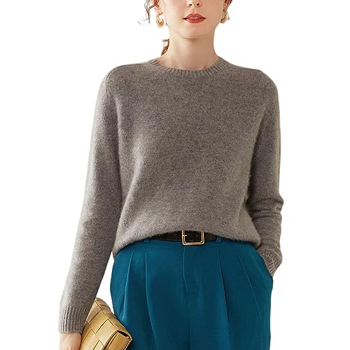 DISSA Damen Kaschmir Pullover Grau Rundhals Langarm Strickpullover Damen Kaschmir Wolle Einfarbige Relaxed Dicker Pullover,42,SH348 von DISSA