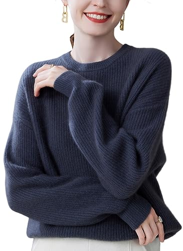 DISSA Damen Kaschmir Pullover Grau Rundhals Langarm Strickpullover Damen Kaschmir Wolle Einfarbige Relaxed Dicker Pullover,Einheitsgröße,ZSBR8373 von DISSA