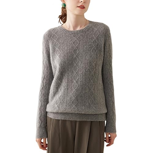 DISSA Damen Kaschmir Pullover Grau Rundhals Langarm Strickpullover Damen Kaschmir Wolle Karierter Relaxed Dicker Pullover,38,SH329 von DISSA