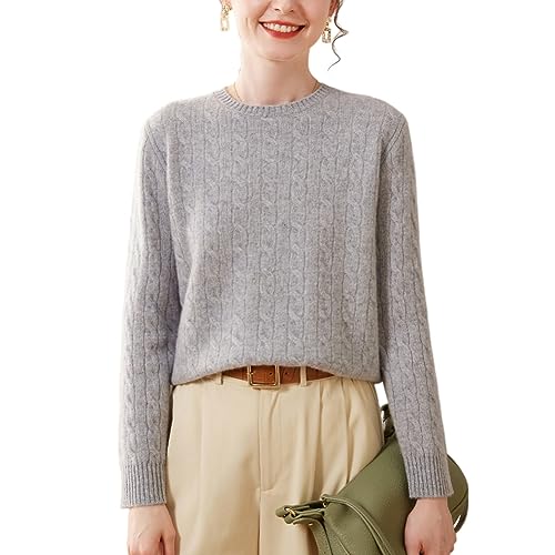 DISSA Damen Kaschmir Pullover Grau Rundhals Langarm Strickpullover Damen Kaschmir Wolle Zopfmuster Relaxed Dünner Pullover,42,SPR2319 von DISSA
