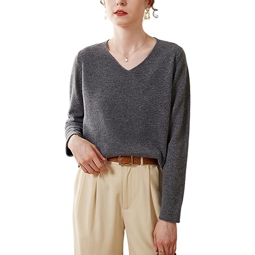 DISSA Damen Kaschmir Pullover Grau V-Ausschnitt Langarm Strickpullover Damen Kaschmir Wolle Einfarbige Relaxed Dünner Pullover,40,SPR2335 von DISSA