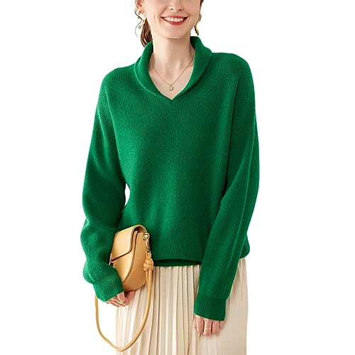 DISSA Damen Kaschmir Pullover Grün Kapuzen Langarm Strickpullover Damen Kaschmir Wolle Einfarbige Relaxed Dicker Pullover,40,RMS3335 von DISSA