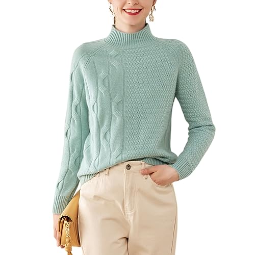 DISSA Damen Kaschmir Pullover Grün Stehkragen Langarm Strickpullover Damen Kaschmir Wolle Zopfmuster Relaxed Dicker Pullover,42,RMS3302 von DISSA