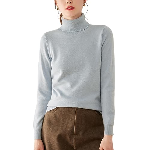 DISSA Damen Kaschmir Pullover Hellblau Rollkragen Langarm Strickpullover Damen Kaschmir Wolle Einfarbige Relaxed Dünner Pullover,42,RMS3301 von DISSA