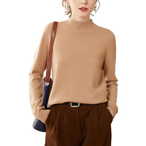DISSA Damen Kaschmir Pullover Helles Khaki Stehkragen Langarm Strickpullover Damen Kaschmir Wolle Einfarbige Relaxed Dünner Pullover,42,YZL501 von DISSA