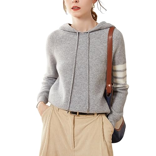 DISSA Damen Kaschmir Pullover Hellgrau Kapuzen Langarm Strickpullover Damen Kaschmir Wolle Gestreifter Relaxed Dicker Pullover,42,SPR2209 von DISSA