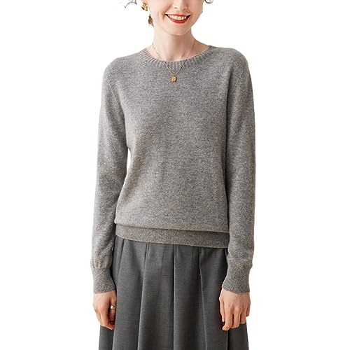 DISSA Damen Kaschmir Pullover Hellgrau Rundhals Langarm Strickpullover Damen Kaschmir Wolle Einfarbige Relaxed Dünner Pullover,42,YZL2302 von DISSA