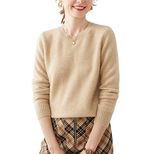 DISSA Damen Kaschmir Pullover Kamel Rundhals Langarm Strickpullover Damen Kaschmir Wolle Einfarbige Relaxed Dicker Pullover,38,SH364 von DISSA