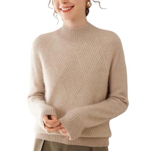 DISSA Damen Kaschmir Pullover Kamel Stehkragen Langarm Strickpullover Damen Kaschmir Wolle Karierter Relaxed Dicker Pullover,EU 34,SH518 von DISSA