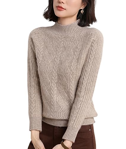 DISSA Damen Kaschmir Pullover Kamel Stehkragen Langarm Strickpullover Damen Kaschmir Wolle Zopfmuster Relaxed Dicker Pullover,42,DF8041 von DISSA