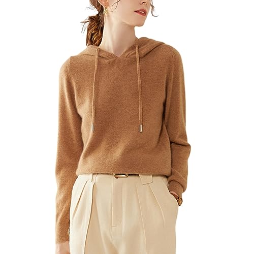 DISSA Damen Kaschmir Pullover Khaki Kapuzen Langarm Strickpullover Damen Kaschmir Wolle Einfarbige Relaxed Dünner Pullover,38,SH312 von DISSA