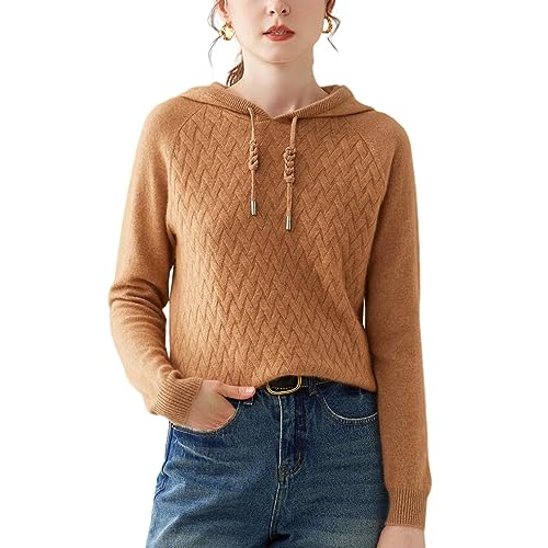 DISSA Damen Kaschmir Pullover Khaki Kapuzen Langarm Strickpullover Damen Kaschmir Wolle Karierter Relaxed Dünner Pullover,40,SH315 von DISSA