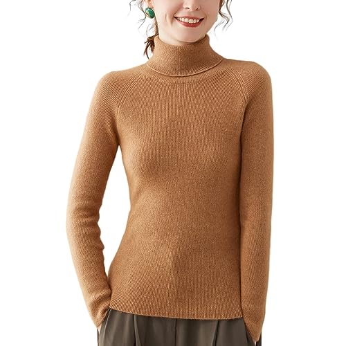 DISSA Damen Kaschmir Pullover Khaki Rollkragen Langarm Strickpullover Damen Kaschmir Wolle Einfarbige Schlanker Dünner Pullover,38,SH314 von DISSA