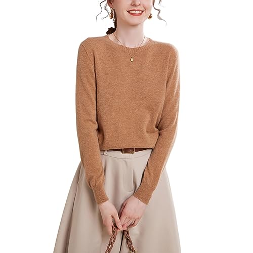 DISSA Damen Kaschmir Pullover Khaki Rundhals Langarm Strickpullover Damen Kaschmir Wolle Einfarbige Relaxed Dünner Pullover,40,YZL2302 von DISSA