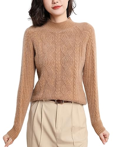 DISSA Damen Kaschmir Pullover Khaki Stehkragen Langarm Strickpullover Damen Kaschmir Wolle Zopfmuster Relaxed Dicker Pullover,38,DF8041 von DISSA