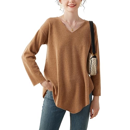 DISSA Damen Kaschmir Pullover Khaki V-Ausschnitt Langarm Strickpullover Damen Kaschmir Wolle Asymmetrischer Relaxed Dünner Pullover,40,YD2314 von DISSA