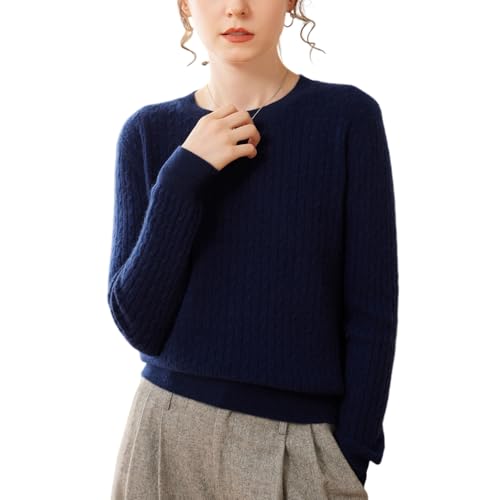 DISSA Damen Kaschmir Pullover Marineblau Rundhals Langarm Strickpullover Damen Kaschmir Wolle Zopfmuster Relaxed Dünner Pullover,EU 40,SPR2438 von DISSA