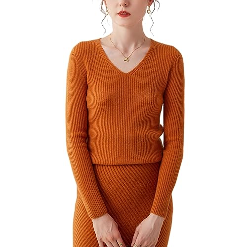 DISSA Damen Kaschmir Pullover Orange V-Ausschnitt Langarm Strickpullover Damen Kaschmir Wolle Gestreifter Schlanker Dünner Pullover,38,YD23101 von DISSA