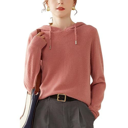 DISSA Damen Kaschmir Pullover Rosa Kapuzen Langarm Strickpullover Damen Kaschmir Wolle Einfarbige Relaxed Dünner Pullover,42,SH312 von DISSA