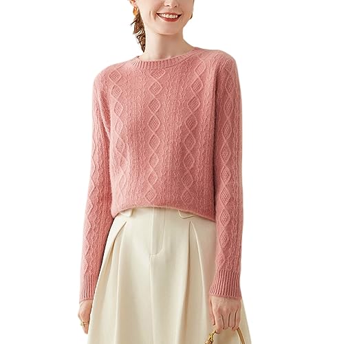 DISSA Damen Kaschmir Pullover Rosa Rundhals Langarm Strickpullover Damen Kaschmir Wolle Karierter Relaxed Dicker Pullover,36,SH329 von DISSA